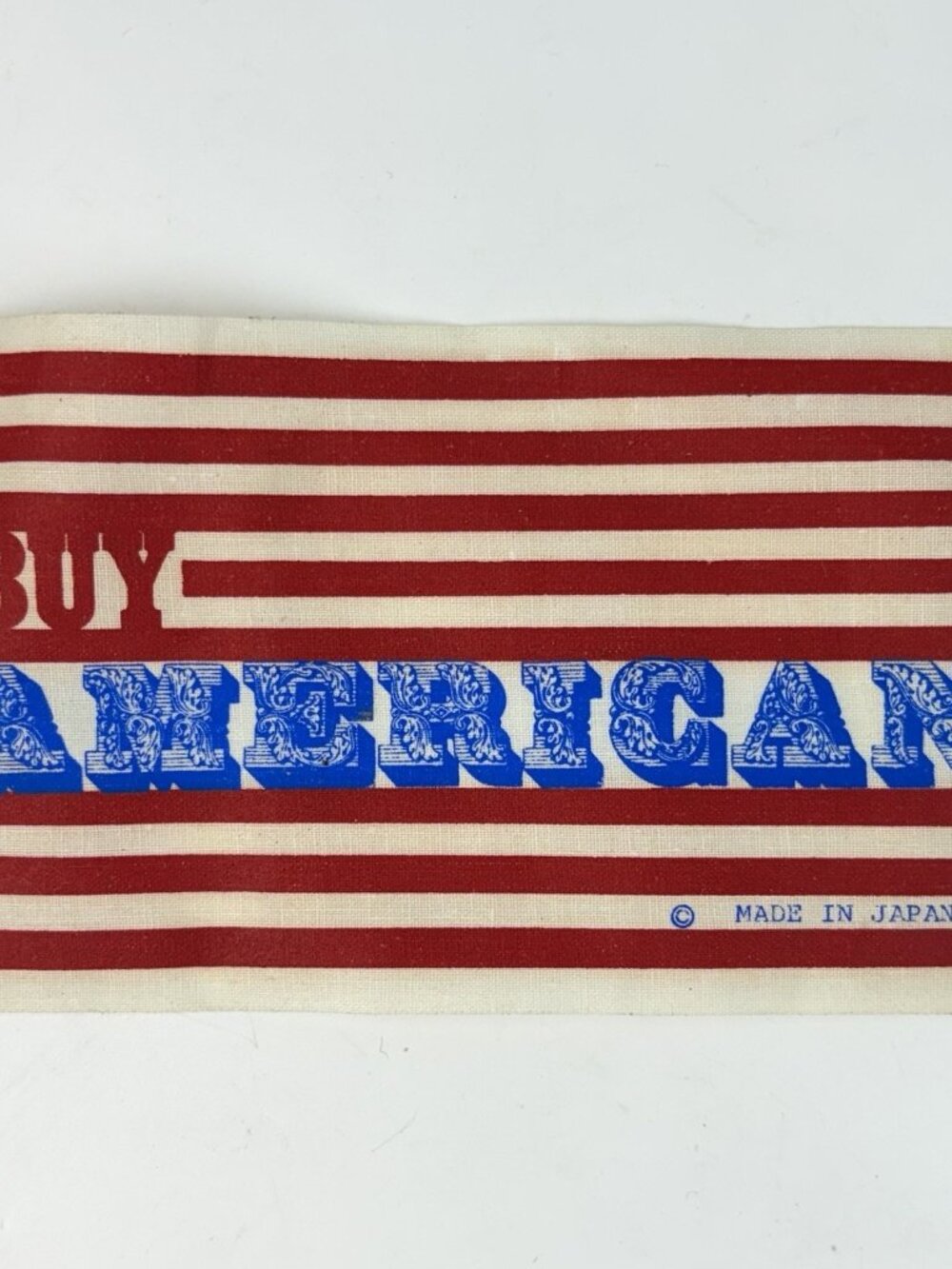 VTG US Flag Stars Stripes Patch Buy American Made In Japan Ironic Joke 4.75x3”